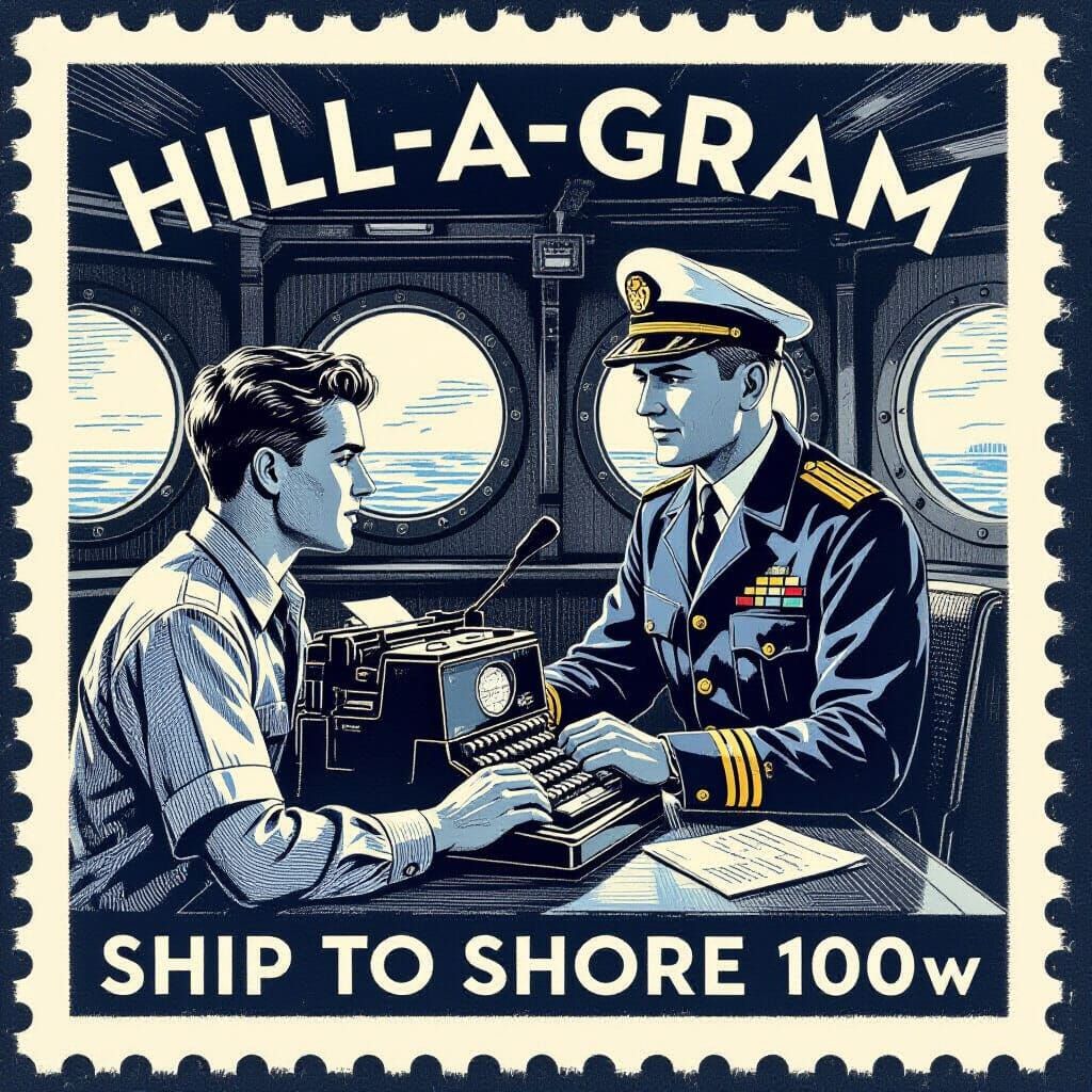 Vintage Marine Stamp: Radio Operator & Captain at Teletype