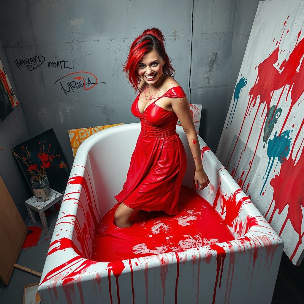 Vibrant Lady Emerges from Crimson Paint Bath in Art Studio