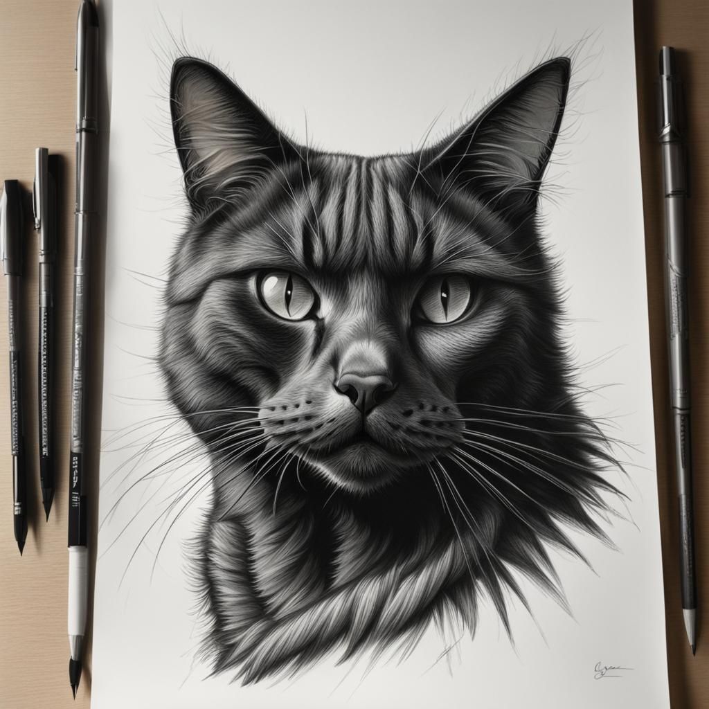 Detailed Charcoal Line Art of a Black Cat