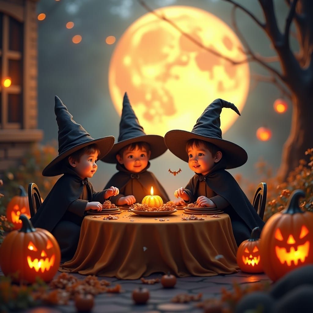 Baby Witches at Halloween in Detailed Matte Painting