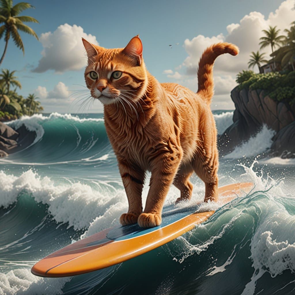 Whimsical Orange Cat Rides the Surf in Vibrant Fantasy Art