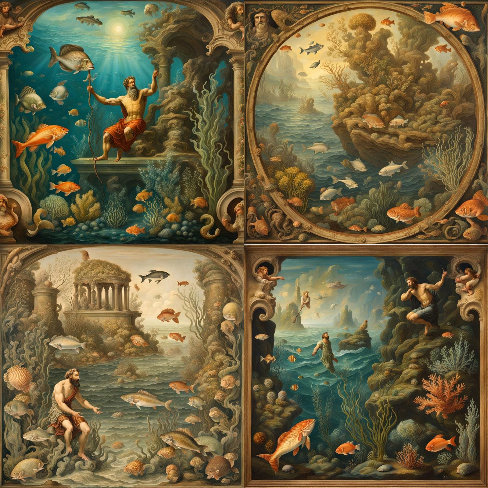 Poseidon's Underwater Gaze: A Renaissance-Style Painting