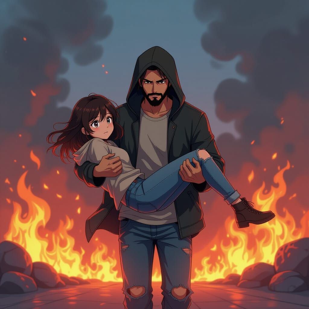 Jesus Rescues Girl from Fire in Anime Style