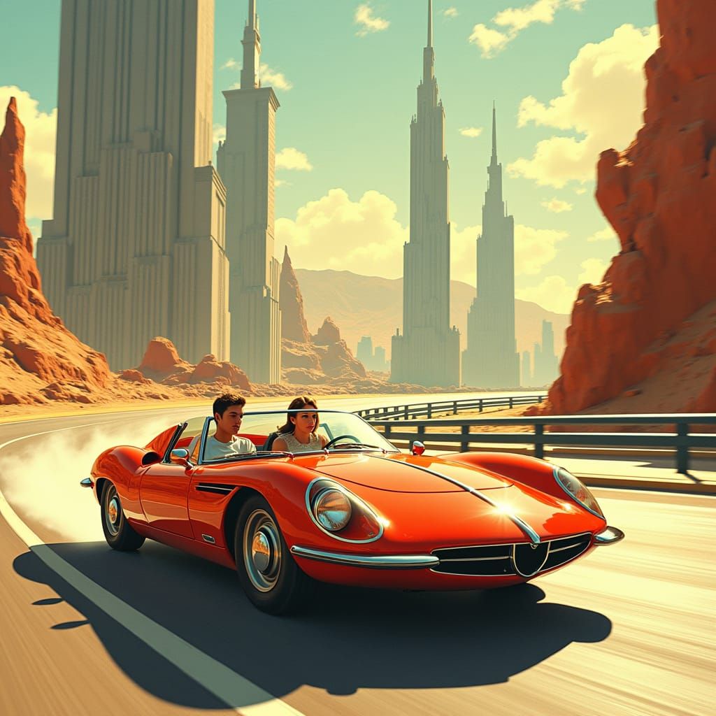 Retro-Futuristic Convertible Sports Car in Golden Sunlight