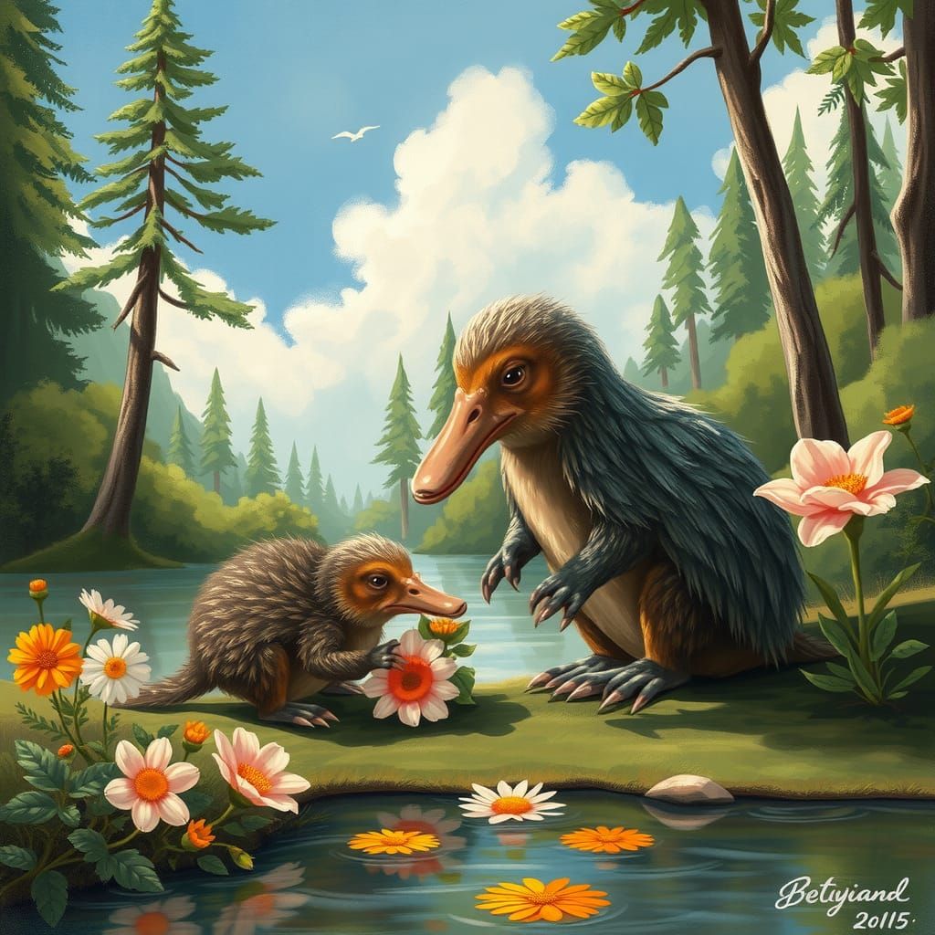 Platypus Family Playing by the River