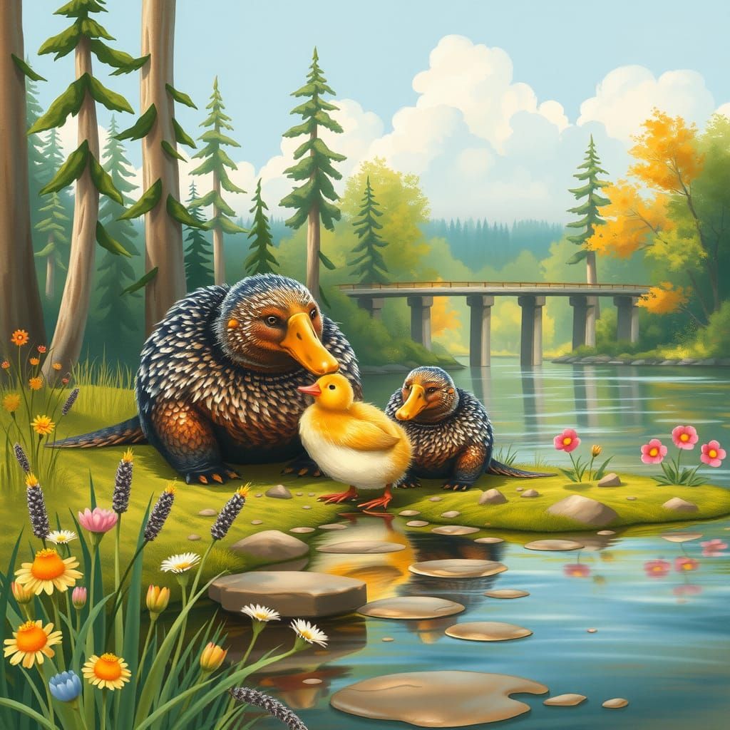 Platypus Family Playing in Whimsical Watercolor Style