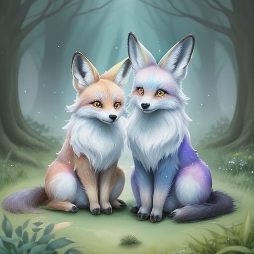 Long-Eared Foxes with Constellations, Watercolor Fantasy Art