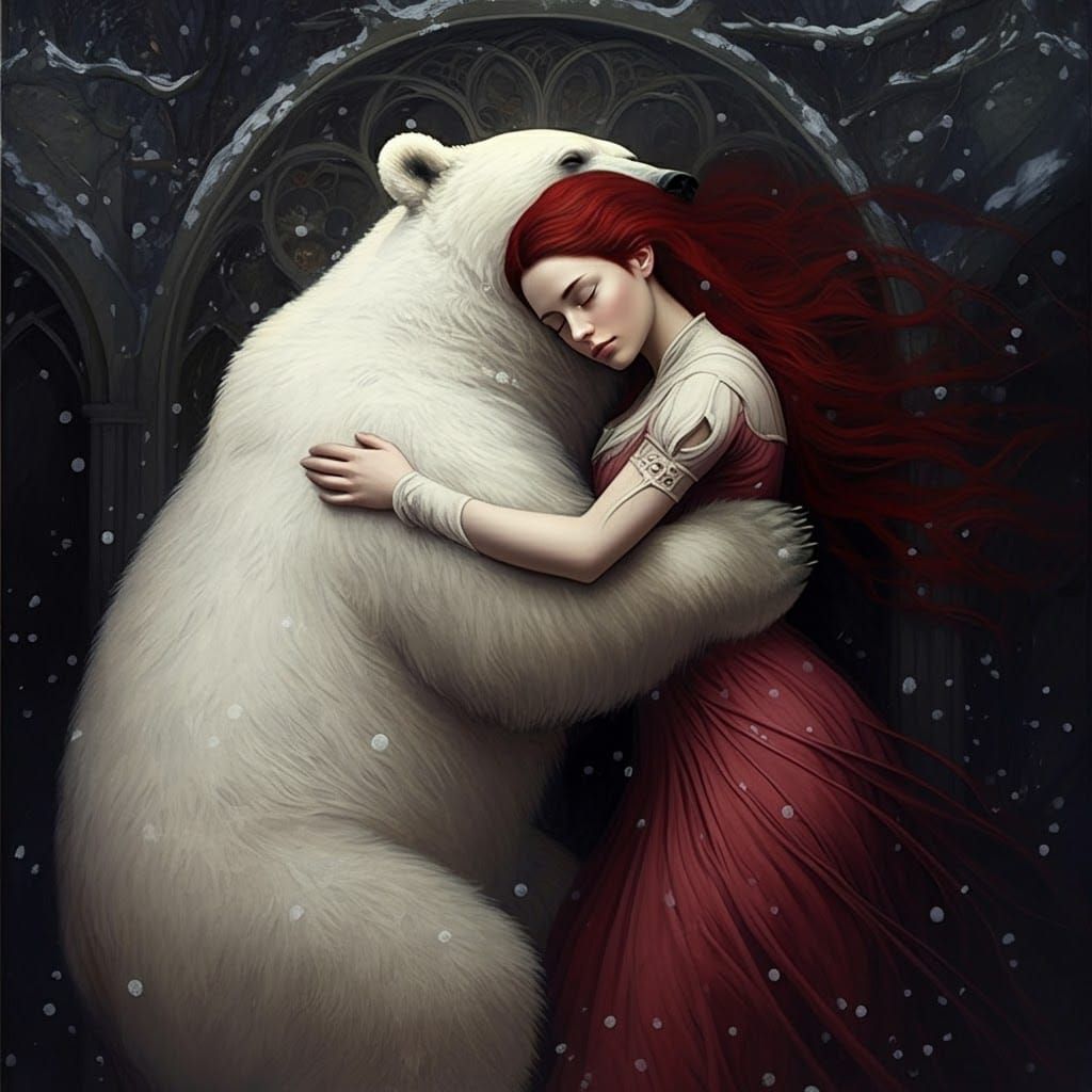 Woman and White Bear in Gothic Fantasy Art