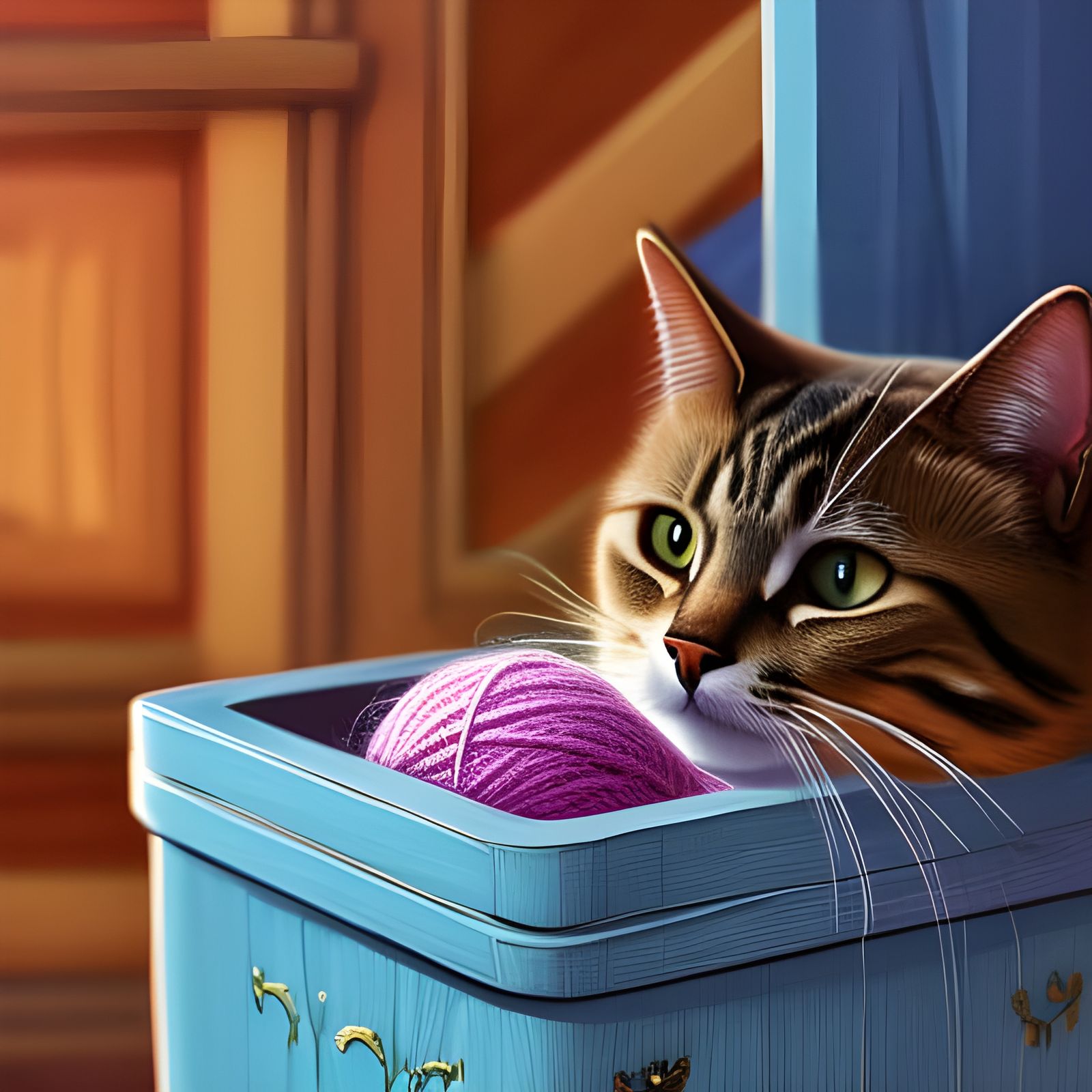 Hyperdetailed Cat Peering from Antique Yarn Box