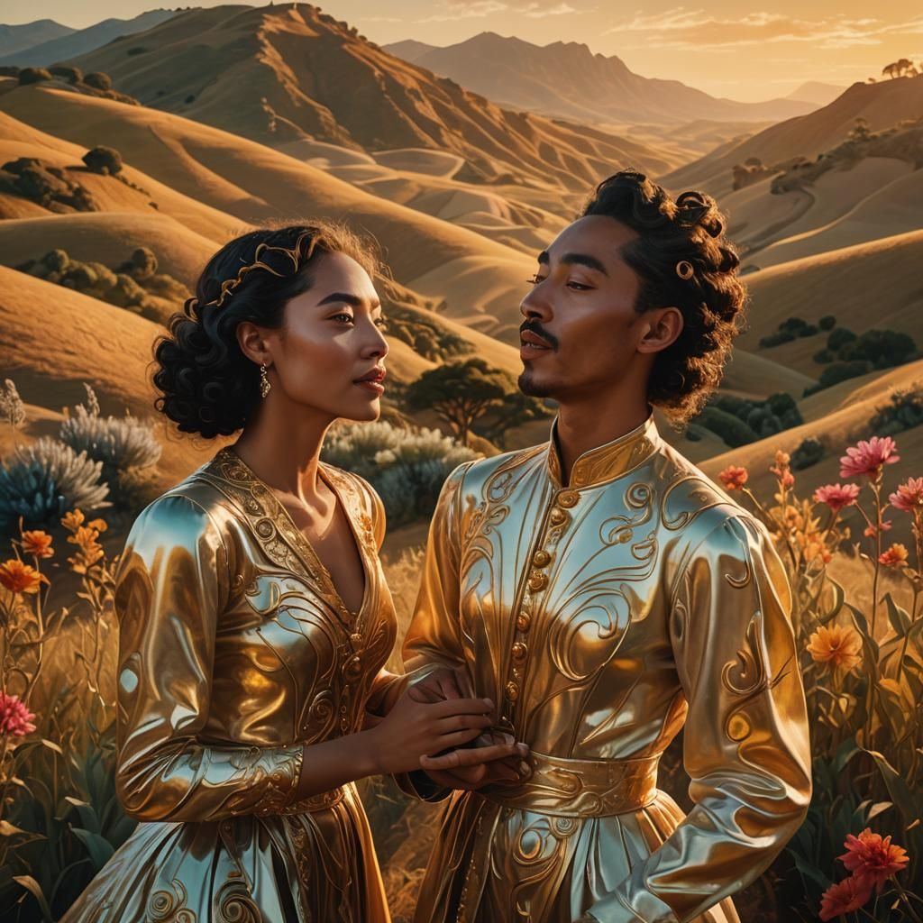 Dreamlike Portrait of Two Singers in Surreal Landscape