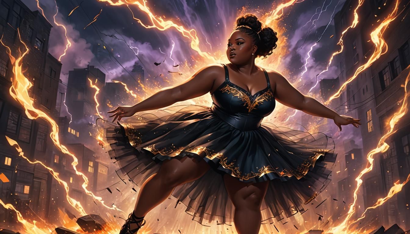 Magical Ballerina in Anime Style with Fire and Lightning