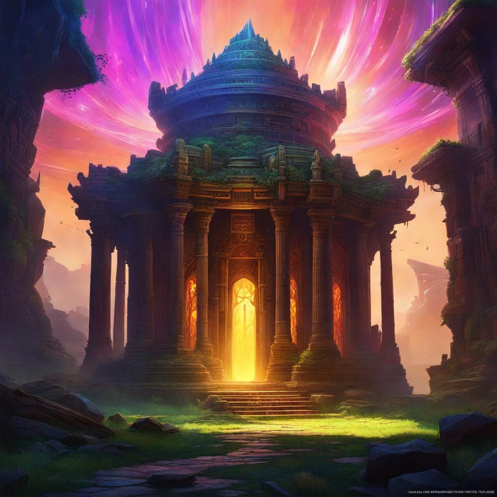 Colorful Temple Ruins with Strange Lights, Digital Art