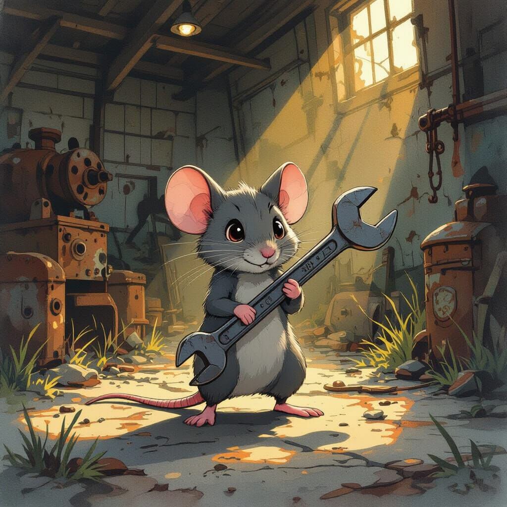 Stylized Mouse with Wrench in Dilapidated Garage