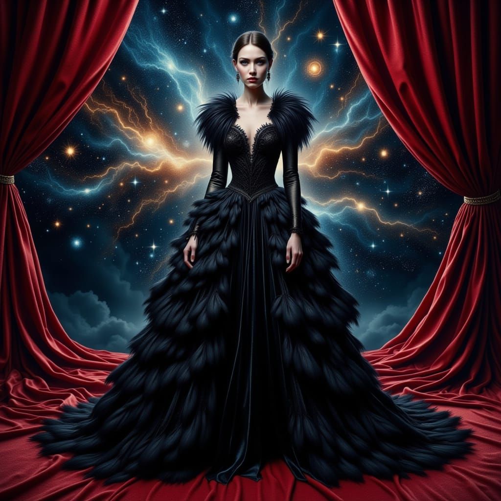 Man in Feathered Gown Amidst Cosmic Stars