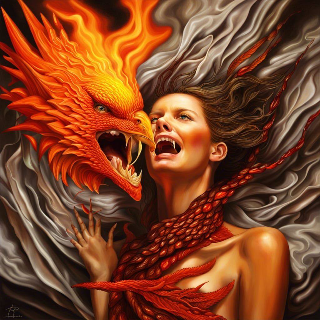 Woman Transforms to Fire Phoenix: Hyperrealistic Oil Paintin...