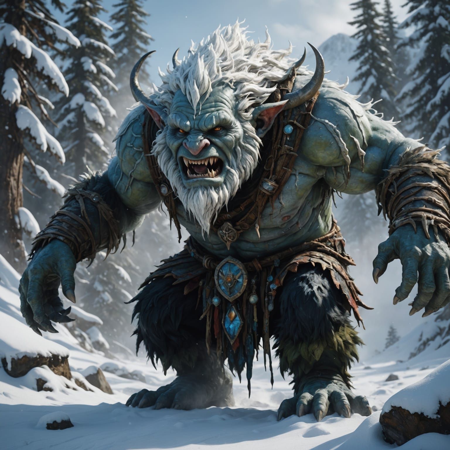 Ice Troll Descending Mountain in Hyperrealistic Digital Art