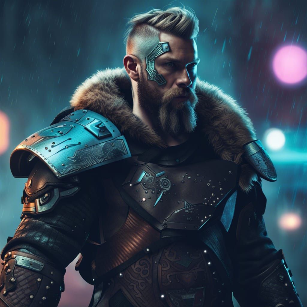 Cyberpunk Viking Warrior with Futuristic Armor