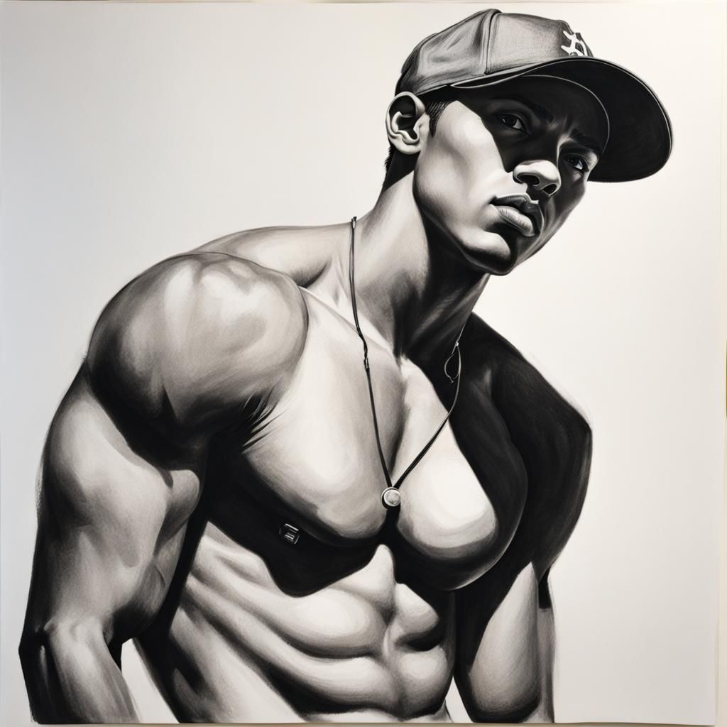 Charcoal Drawing of Shirtless Young Skater