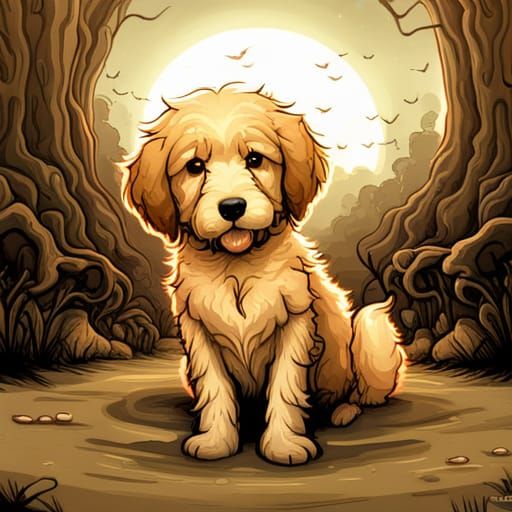 Golden Doodle in Park: Surreal Digital Art