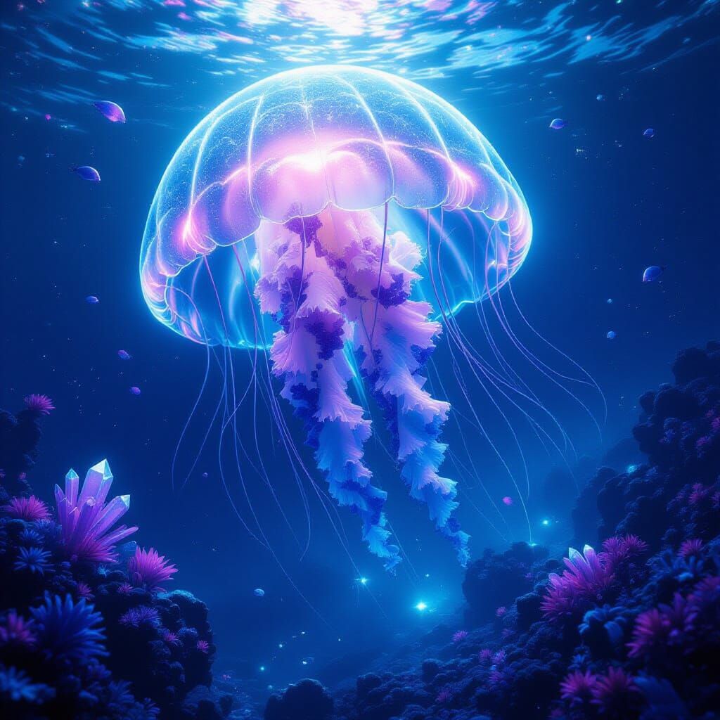 Bioluminescent Jellyfish in Alien Ocean Depths