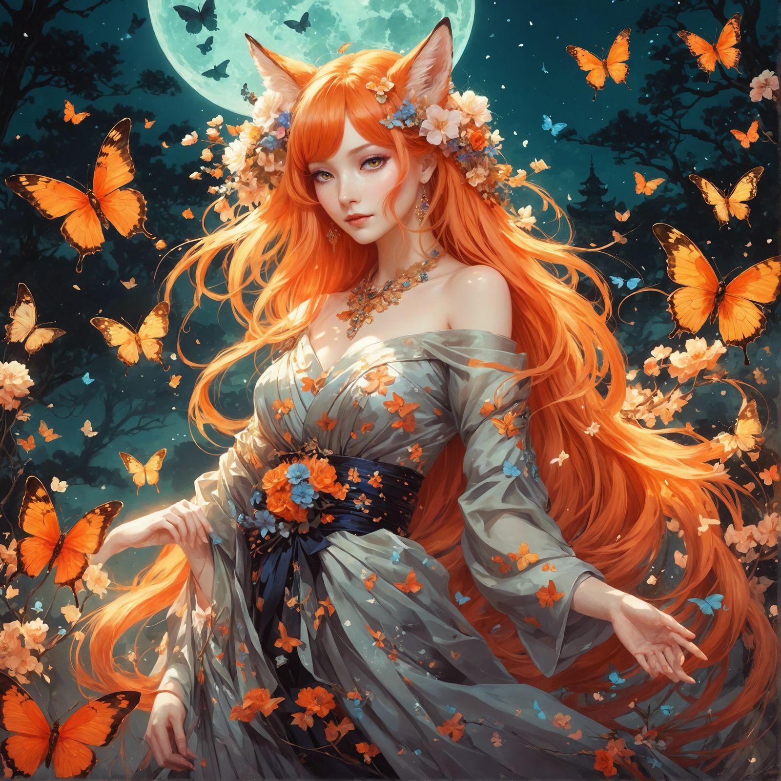 Beautiful Kitsune Fox-Woman in Moonlit Countryside
