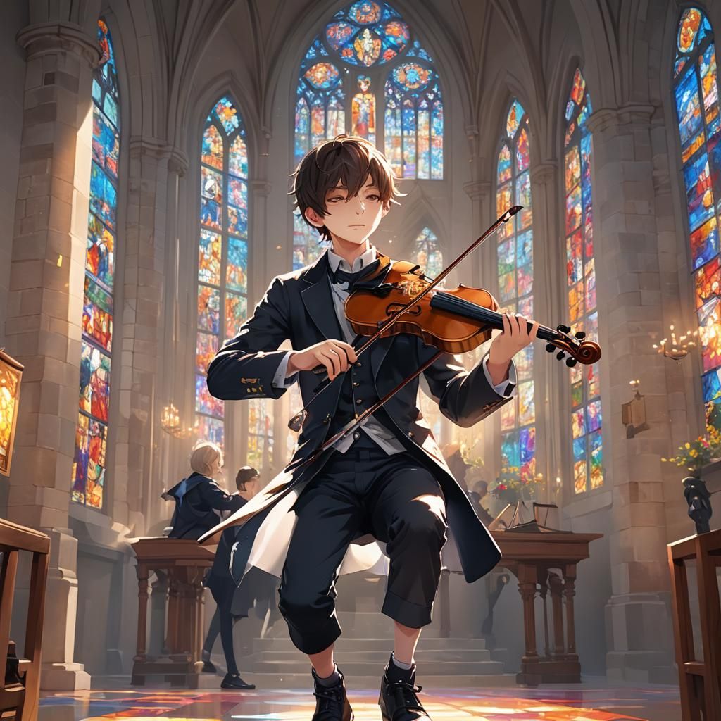 Young Musician Plays Violin in Stained Glass Church