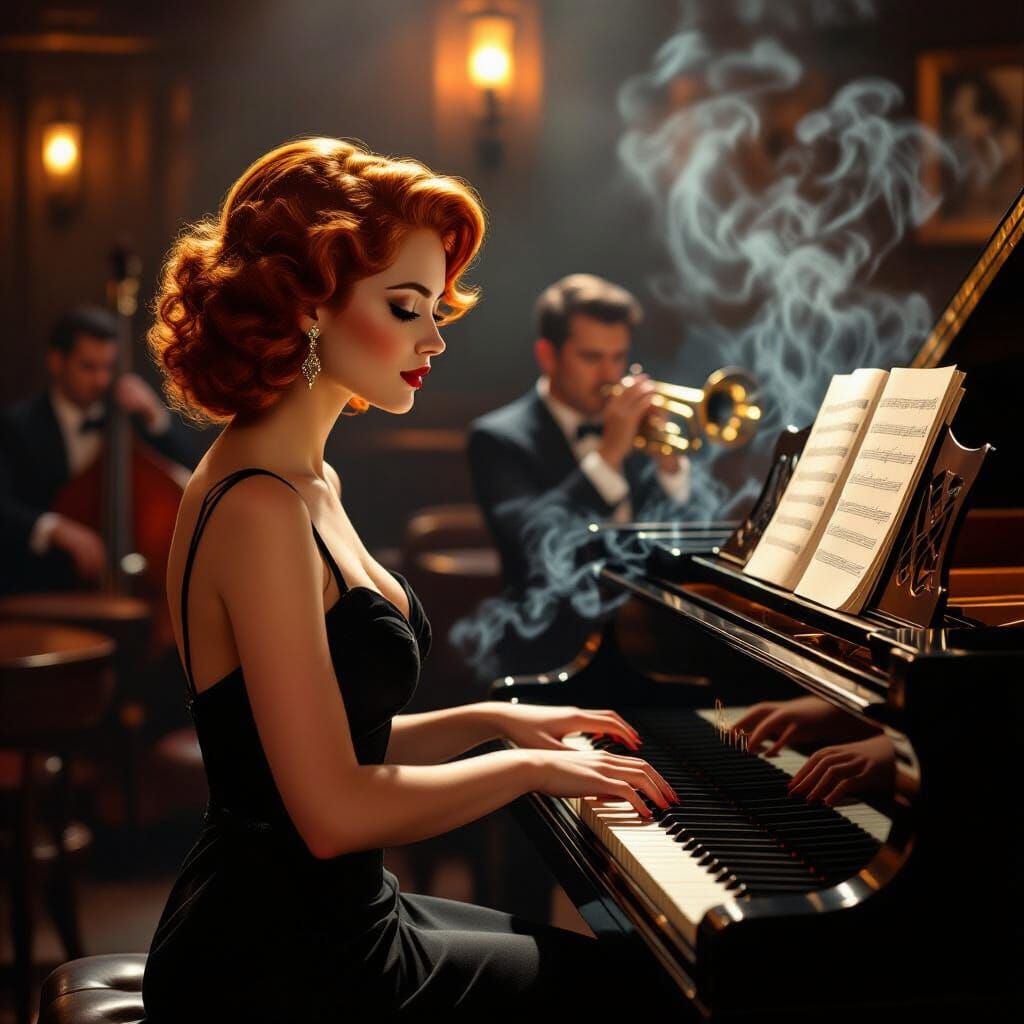 Redhead Pianist in Smoky Jazz Club, Film Noir Style