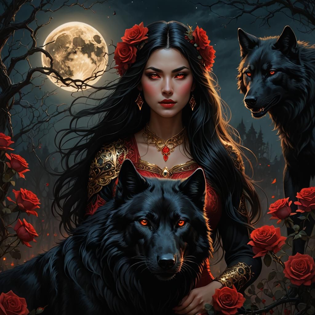 Fantasy Maiden with Wolf, Detailed Digital Art