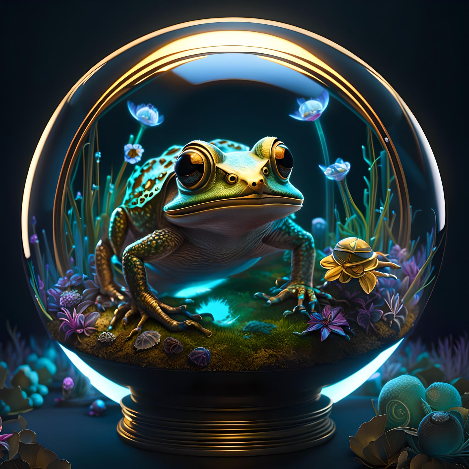 Glowing Frog in Neon Globe: Cyberpunk Storybook Art