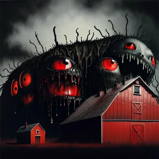Haunted Ghosts Feast on Barn in Nightmarish Surrealism