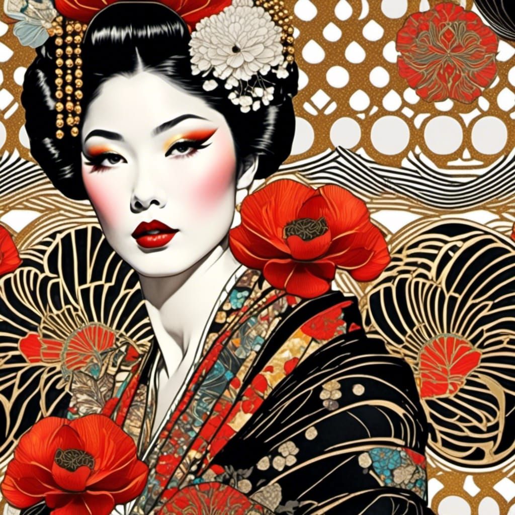 Geisha Girl with Poppies in Bohemian Collage Style