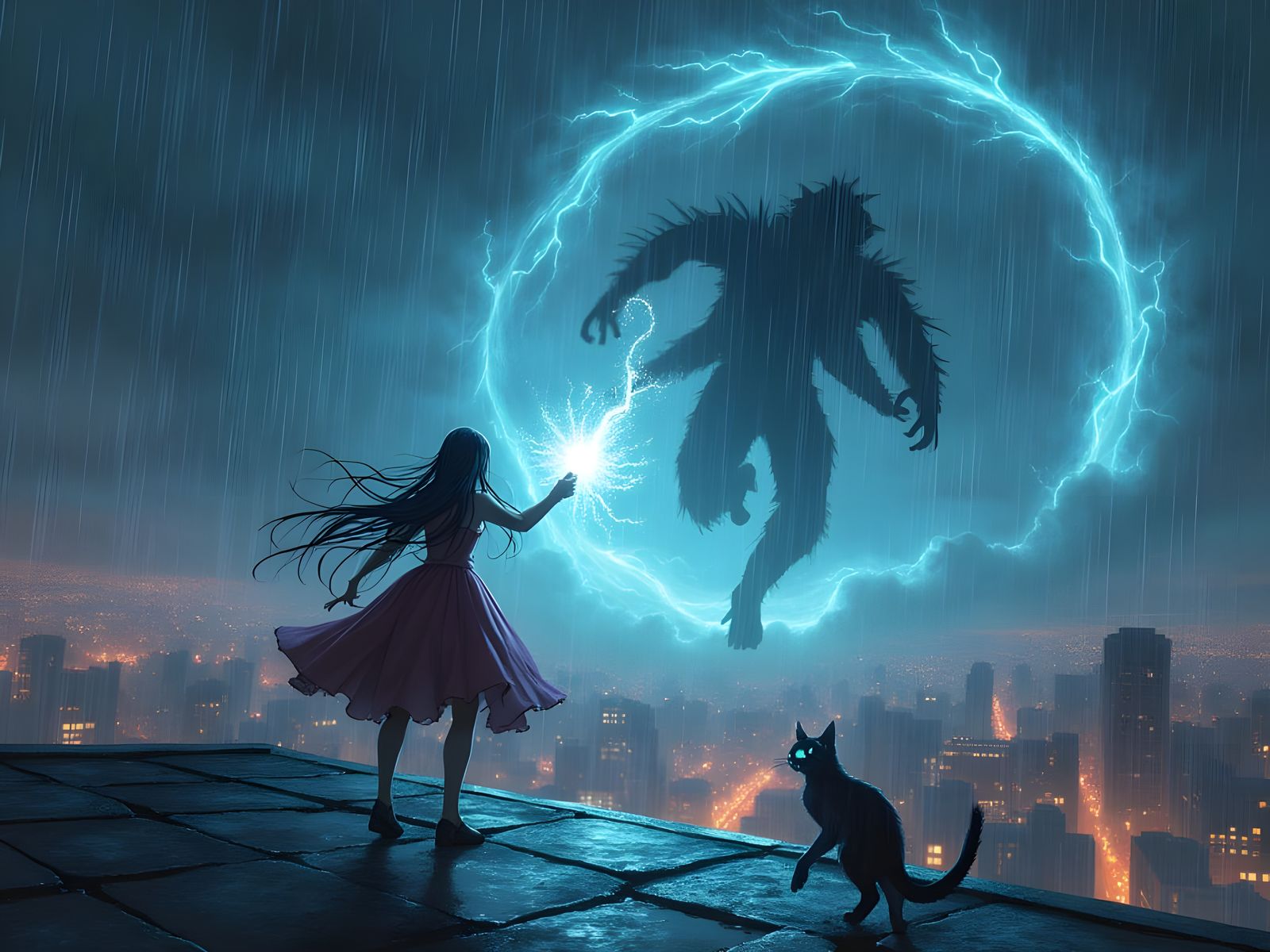 Magical Girl Battles Shadow Monster on Rooftop