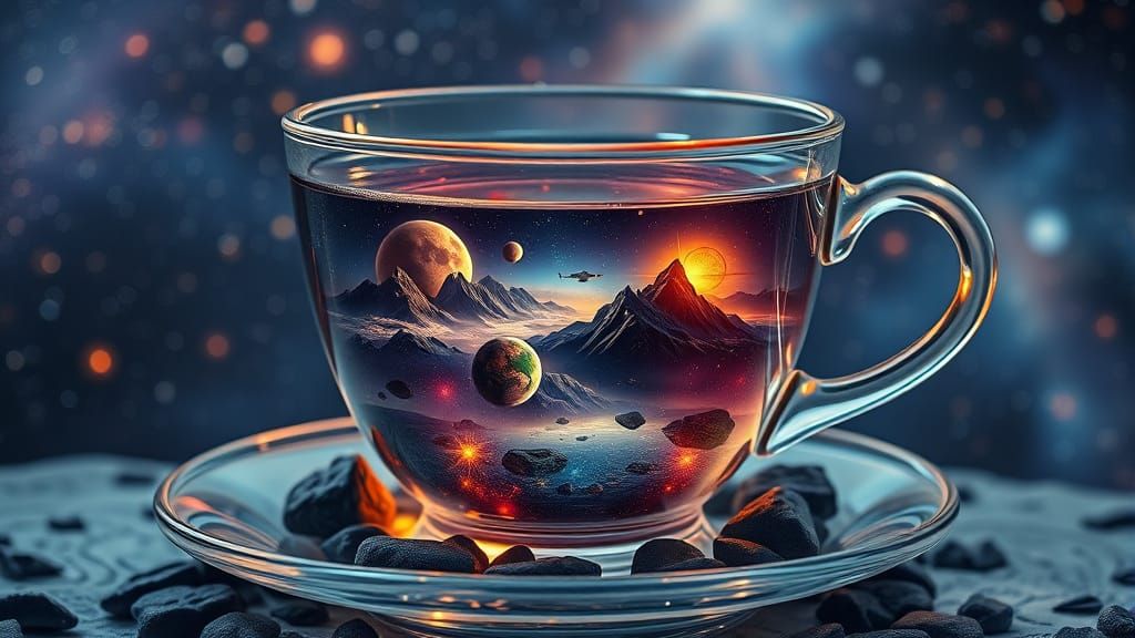 Mystical Teacup Galaxy with Glowing Celestial Scenes