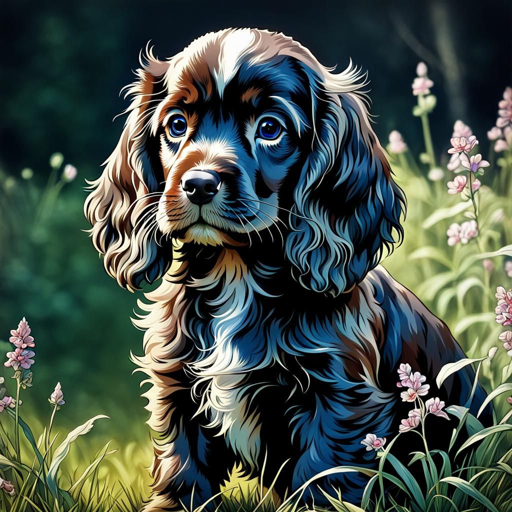 Cocker Spaniel Puppy in Anime Arthur Rackham Style
