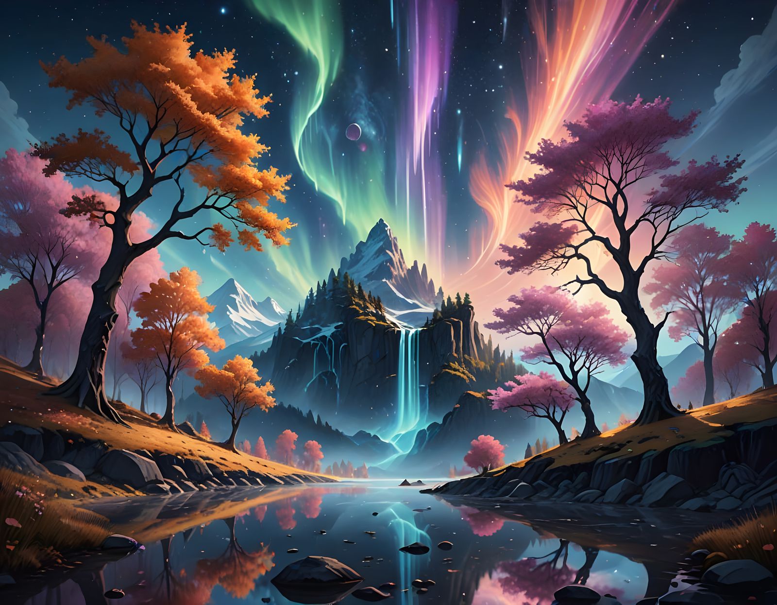 Ethereal Landscape with Glowing Trees and Shimmering Stars