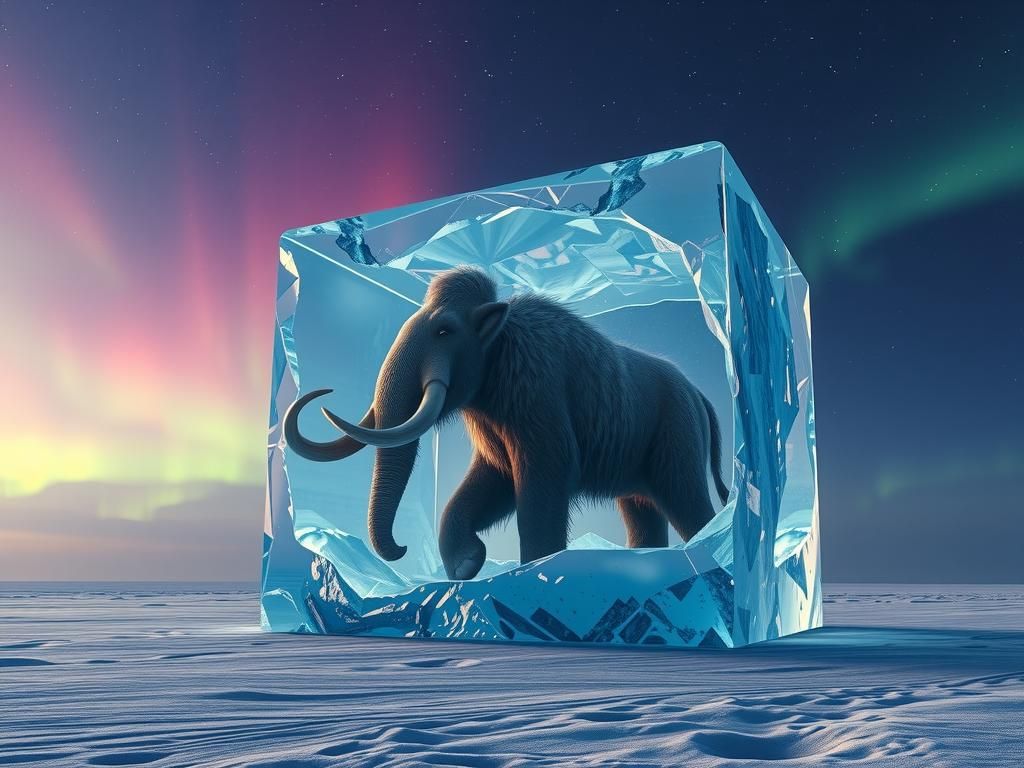 Frozen Mammoth Under Northern Lights in 8k