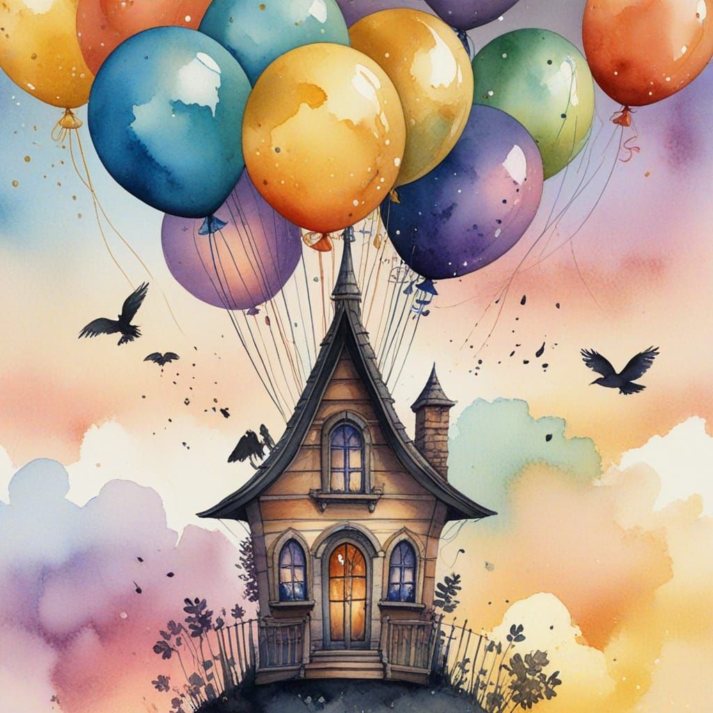 Whimsical Fantasy: Glass Balloons Lift Witch's House