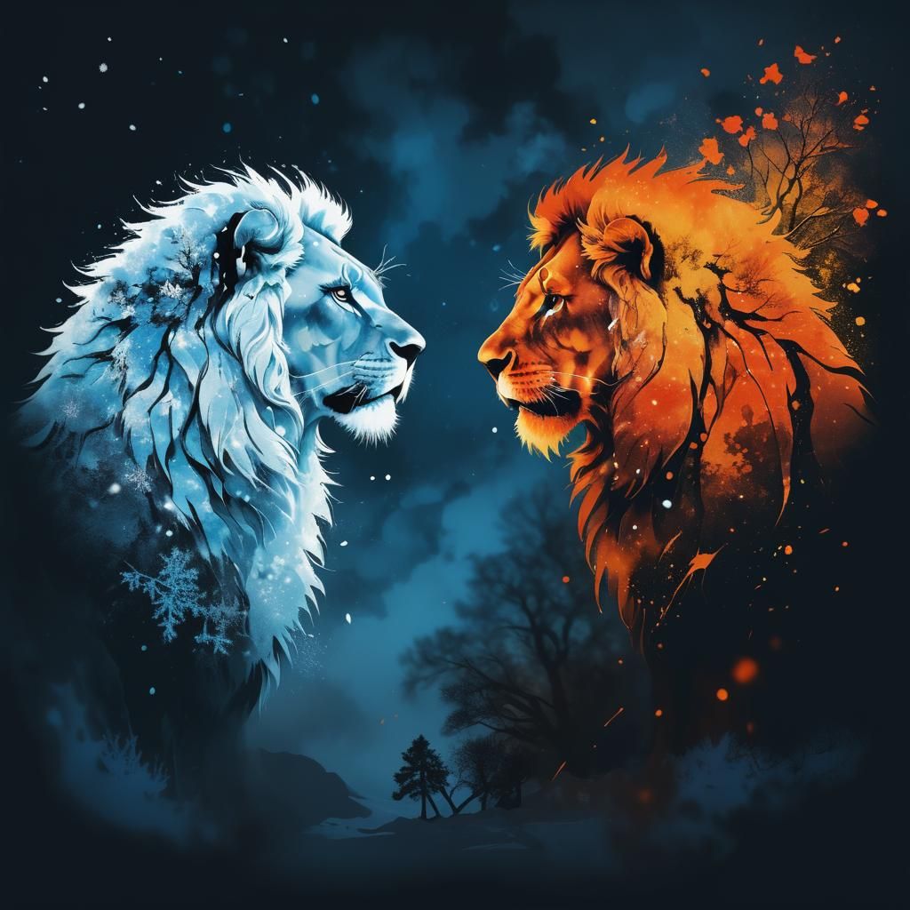 Fiery and Snowy Lion Silhouettes in Dreamlike Splatter Art