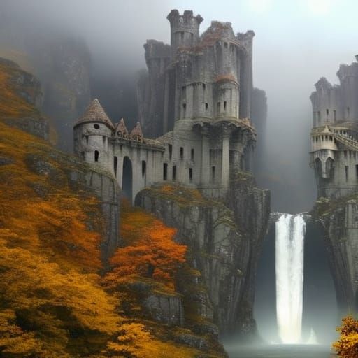 Medieval Fantasy Ruins in Romantic Autumn Landscape