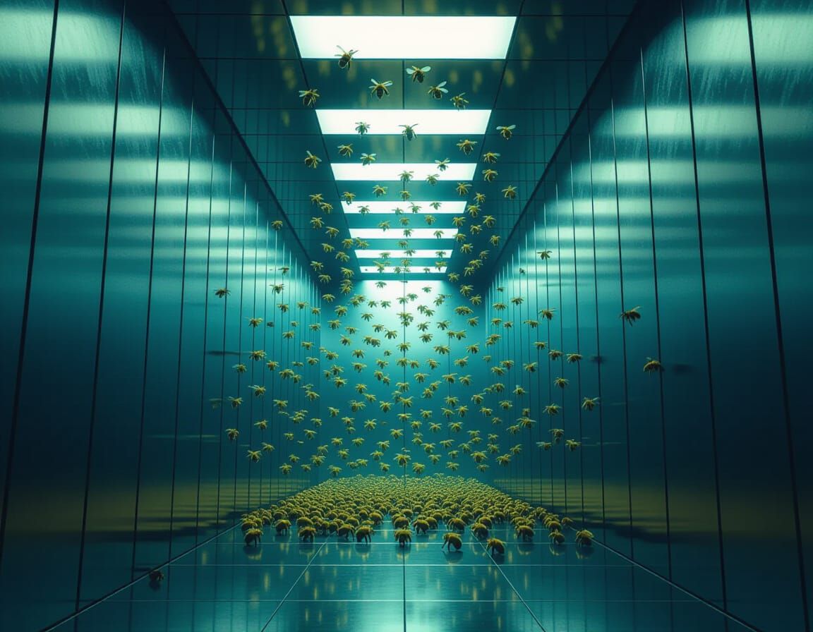 Infinite Elevator Shaft Swarmed by Bees in Dark Digital Pain...