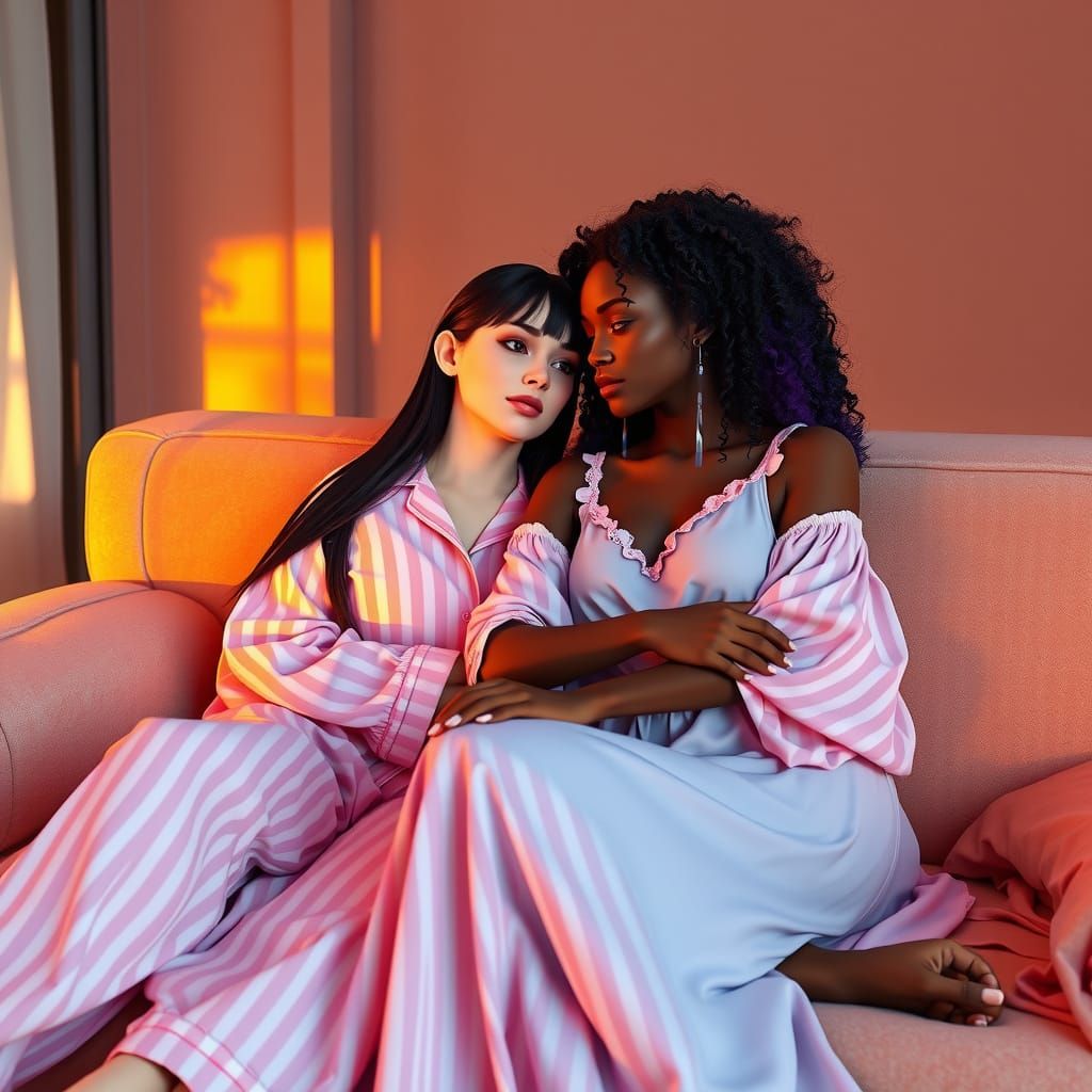 Semi Realistic Anime-Inspired Art of Two Women in a Sunset B...