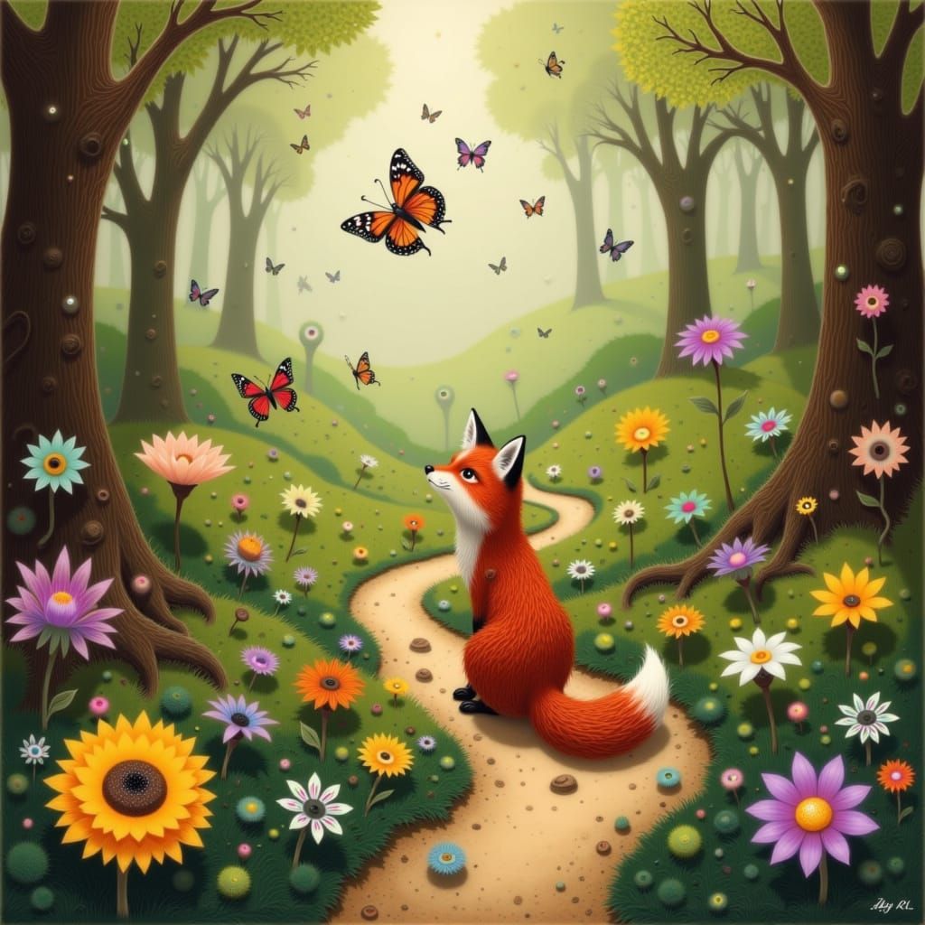 Whimsical Fox Chasing Butterflies in Woodland Scene