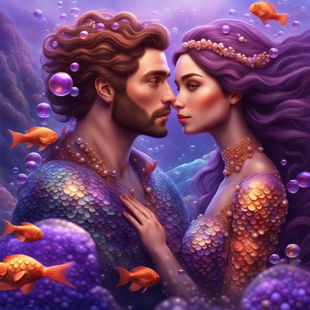 Romantic Mermaid Couple in Klimt Style