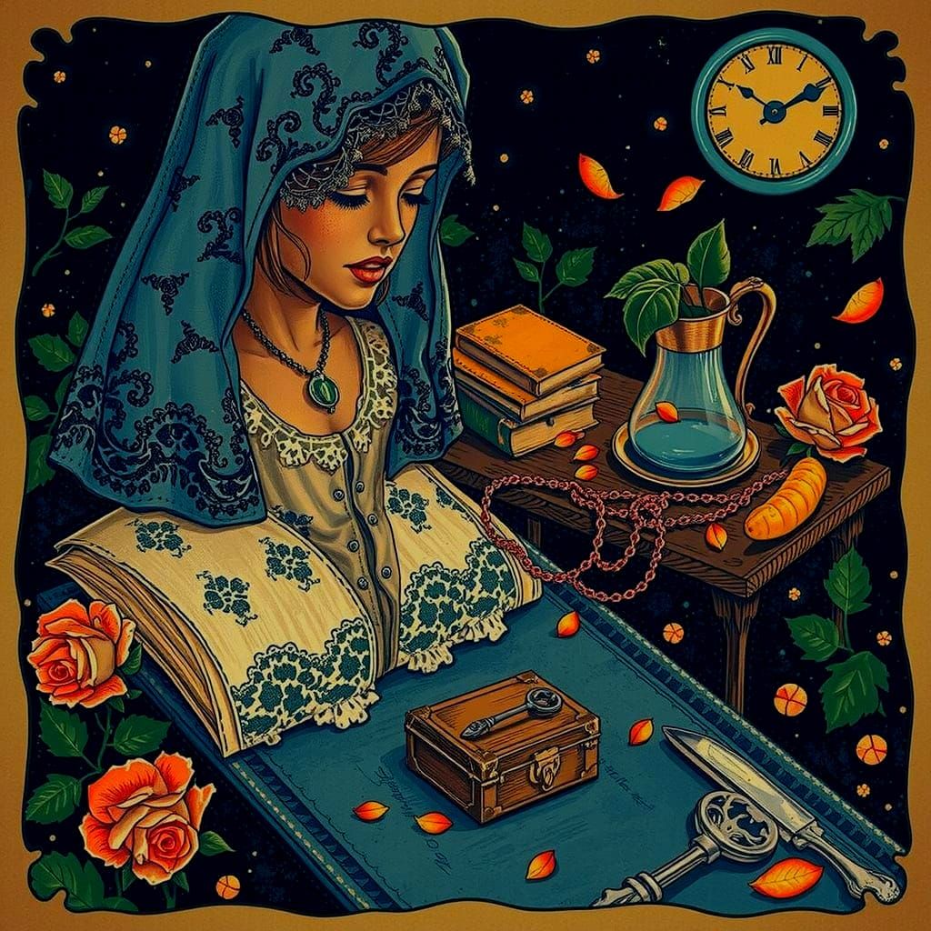 Ghost in Ardennes Forest With Black Lace and Wilted Roses