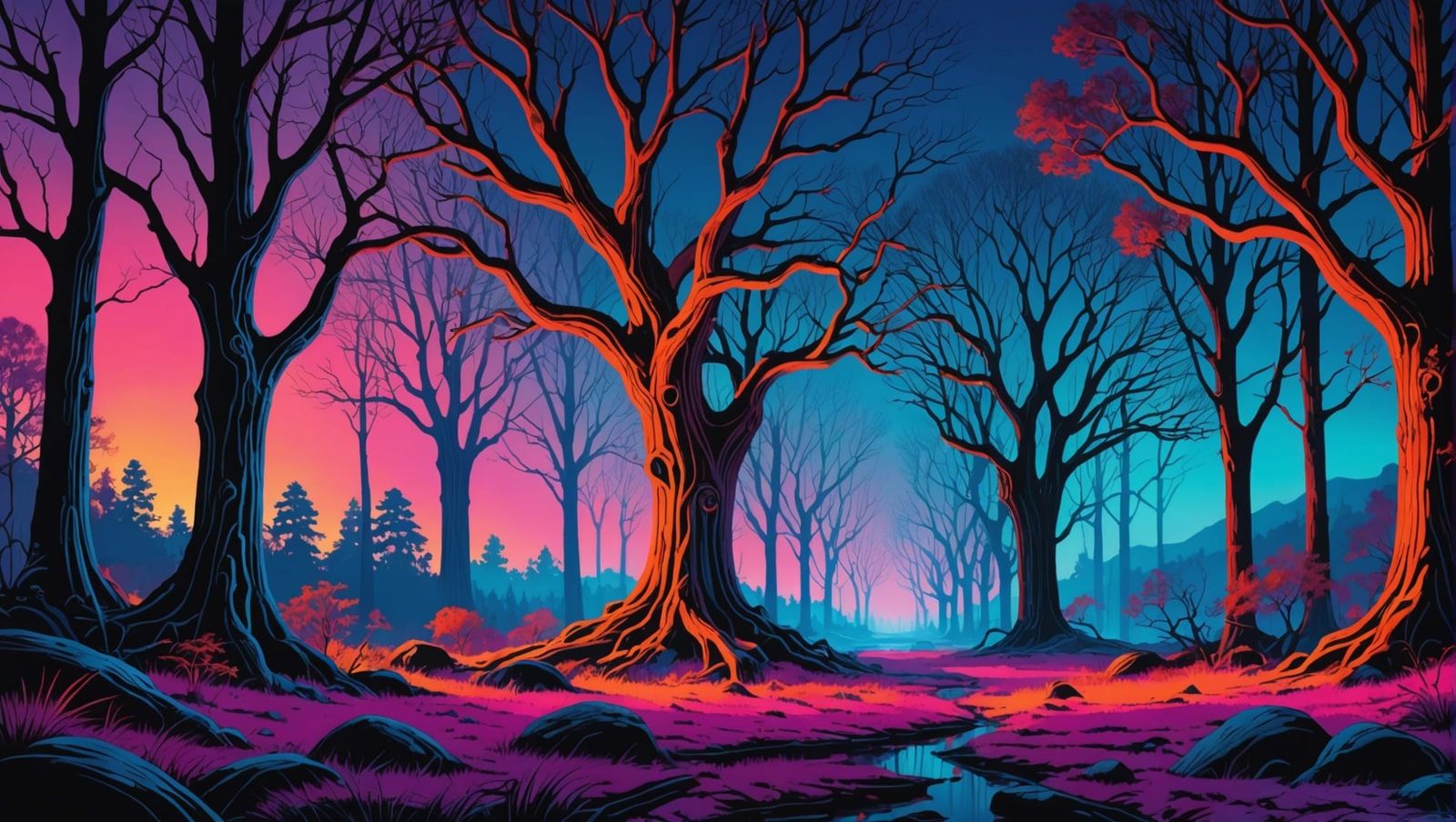 Neon Trees in Twilight Woods: Psychedelic Art