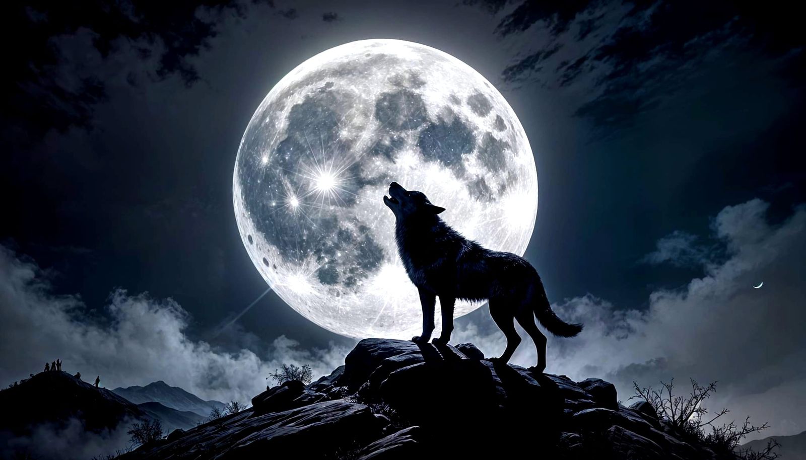 Lone Wolf Silhouette in Sumi-e Style Under Moon