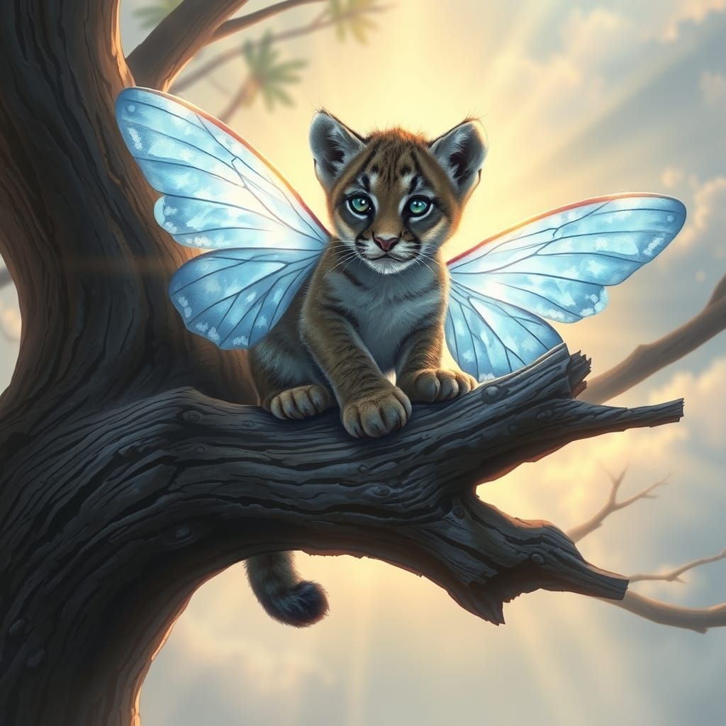 Whimsical Mountain Lion Cub with Iridescent Wings in Soft Pr...