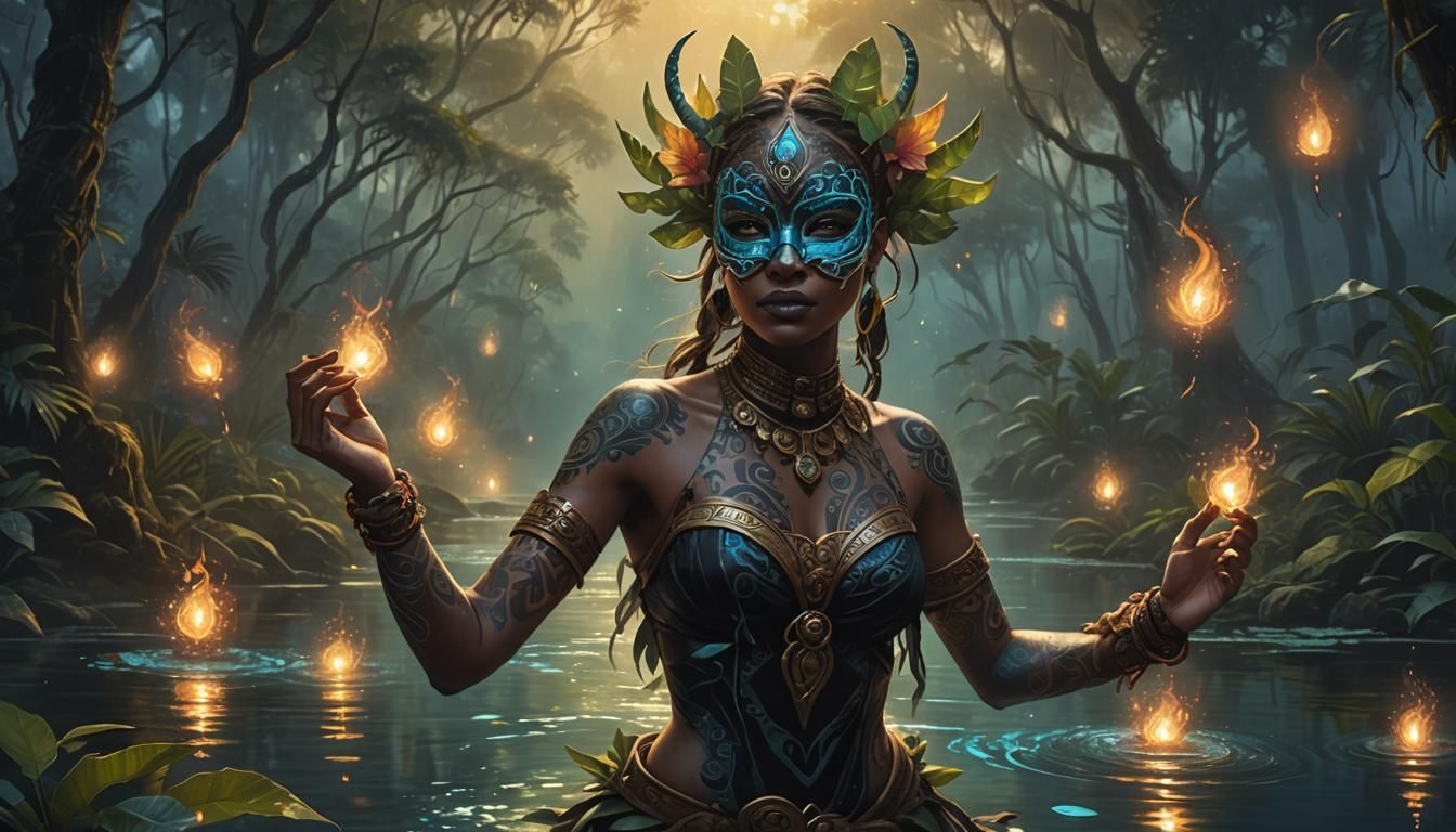 Bioluminescent Masked Girl Dancing at Jungle Lake