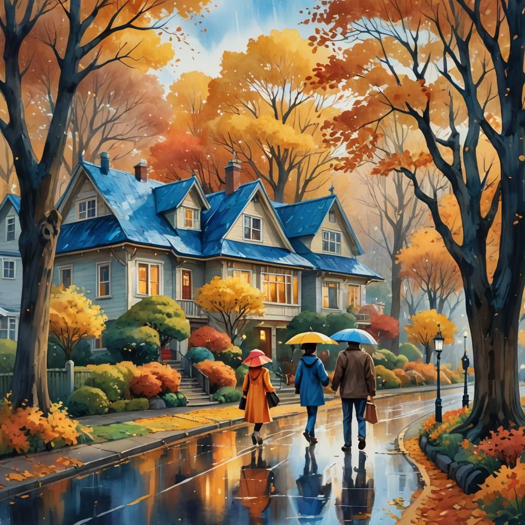 Charming House in Autumn Rain: Digital Matte Painting