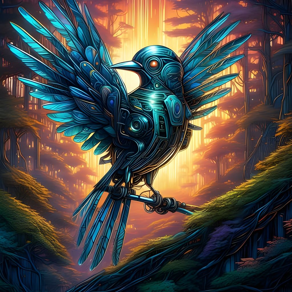Futuristic Robotic Bird in Cyberpunk Forest